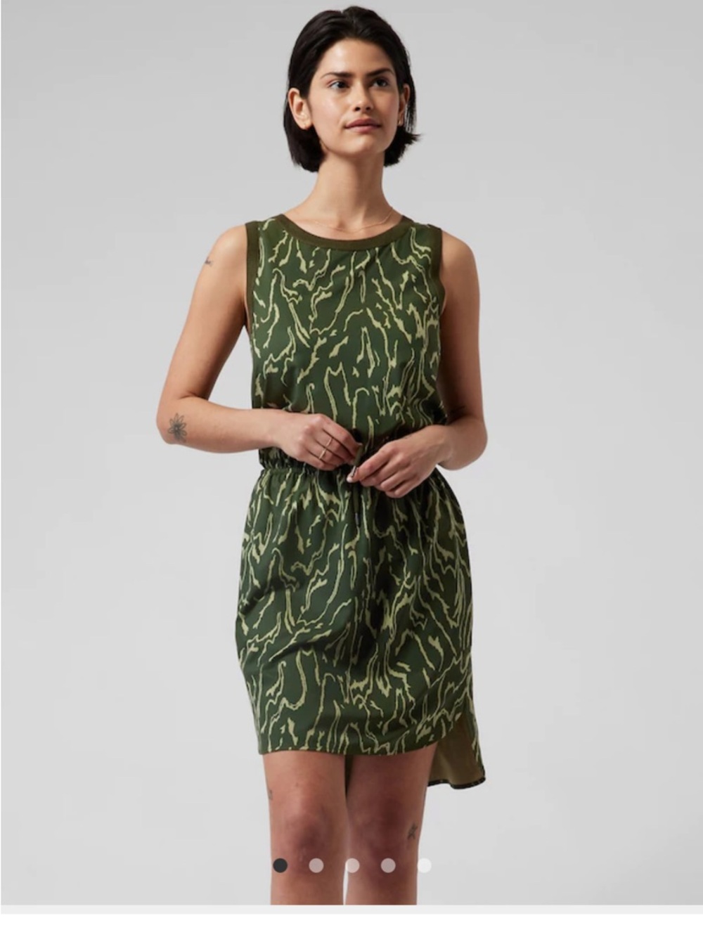 Athleta Olive Green Abstract Print Tie-Waist Mini Dress